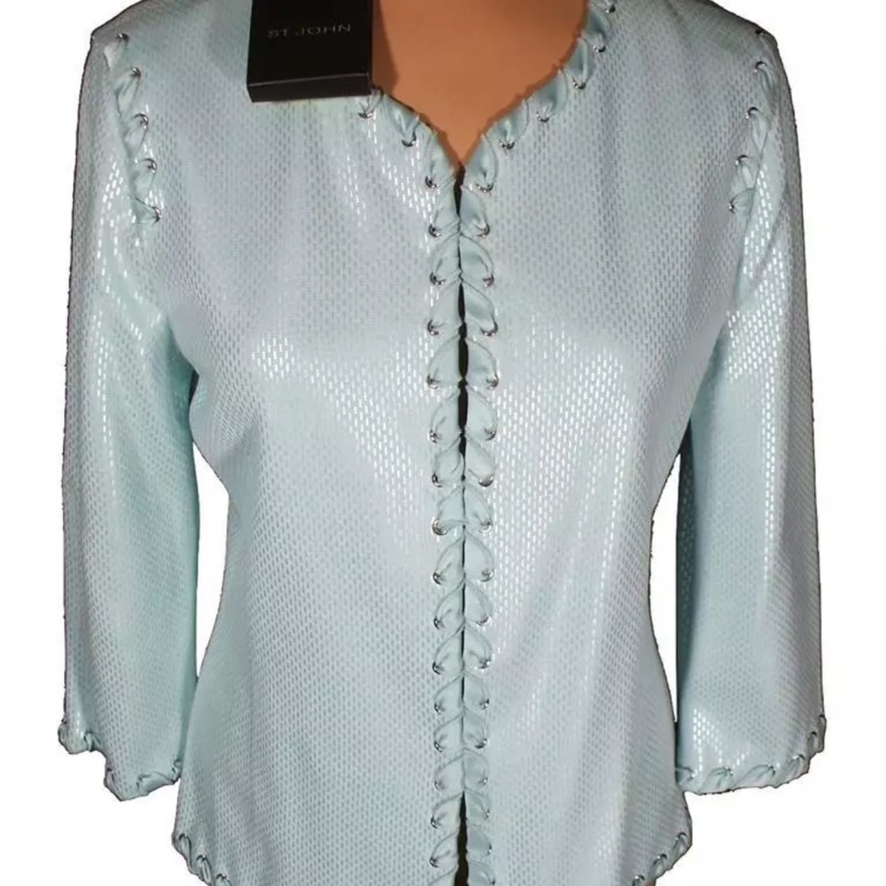St. John Green Embellished 3/4 Sleeve Blouse